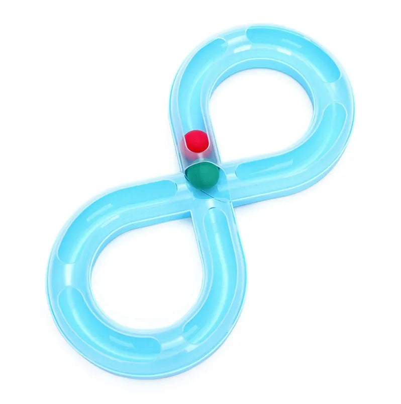 Cat toy turntable with interactive track ball dish, white and blue plastic, 50x24x5.5cm