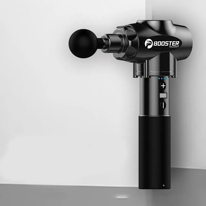 Black and white rechargeable muscle massager gun with adjustable speed settings.