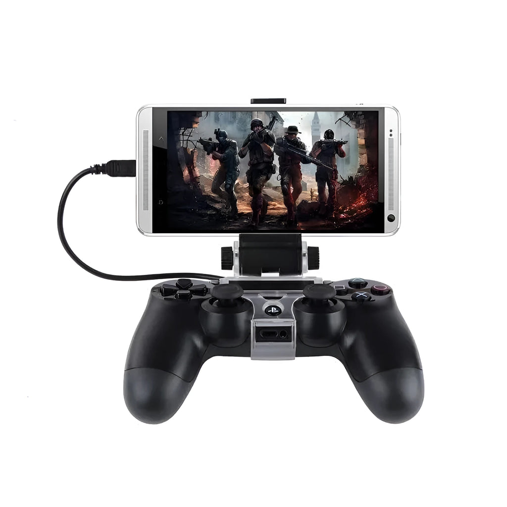 Black PS4 controller phone clip attached to a DualShock 4 with OTG cable for connecting to an Android mobile phone.