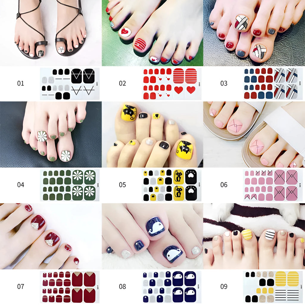 Cute waterproof foot nail sticker in pink colour on a toenail, with silver, wine red, and yellow colour options shown on the packaging