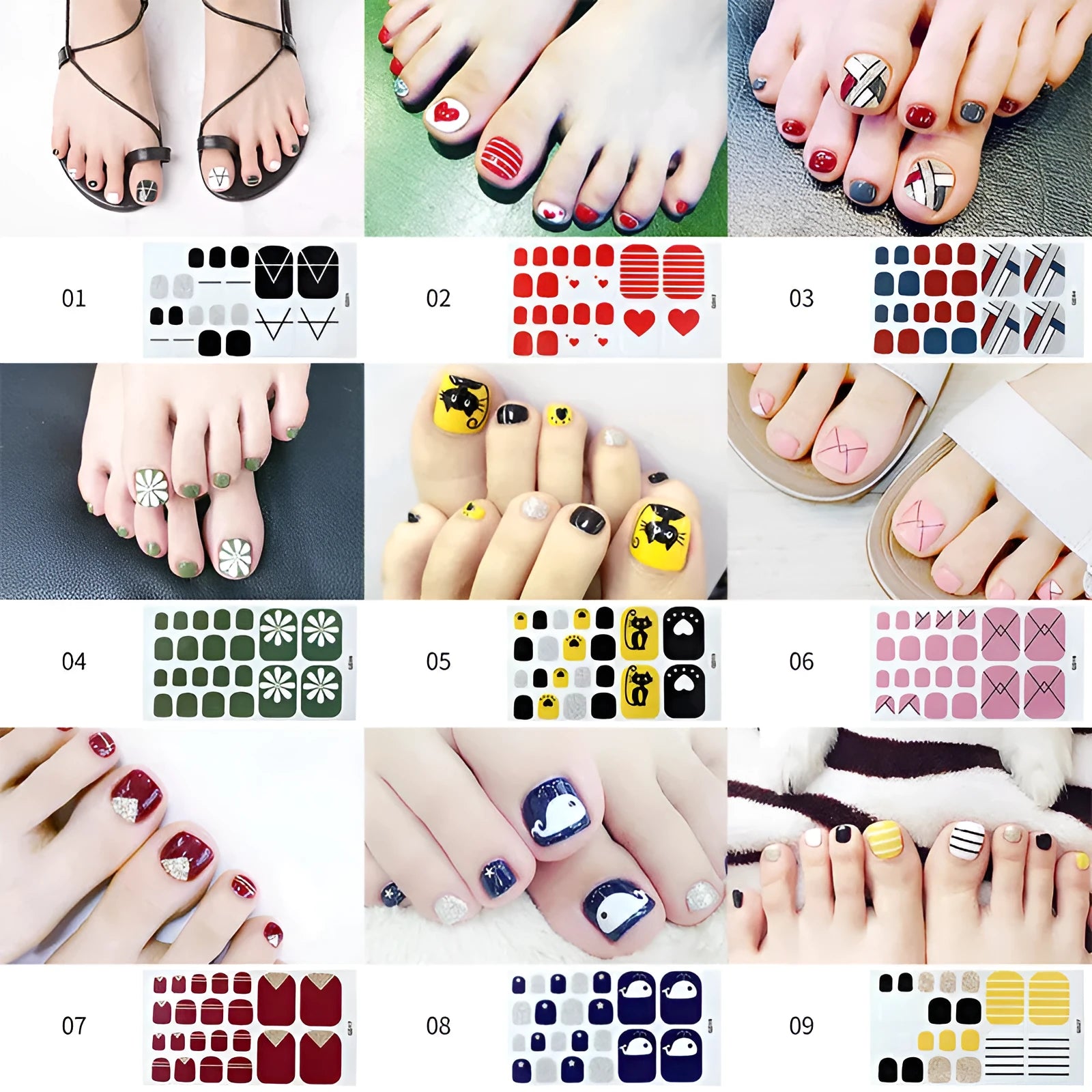 Cute waterproof foot nail sticker in pink colour on a toenail, with silver, wine red, and yellow colour options shown on the packaging
