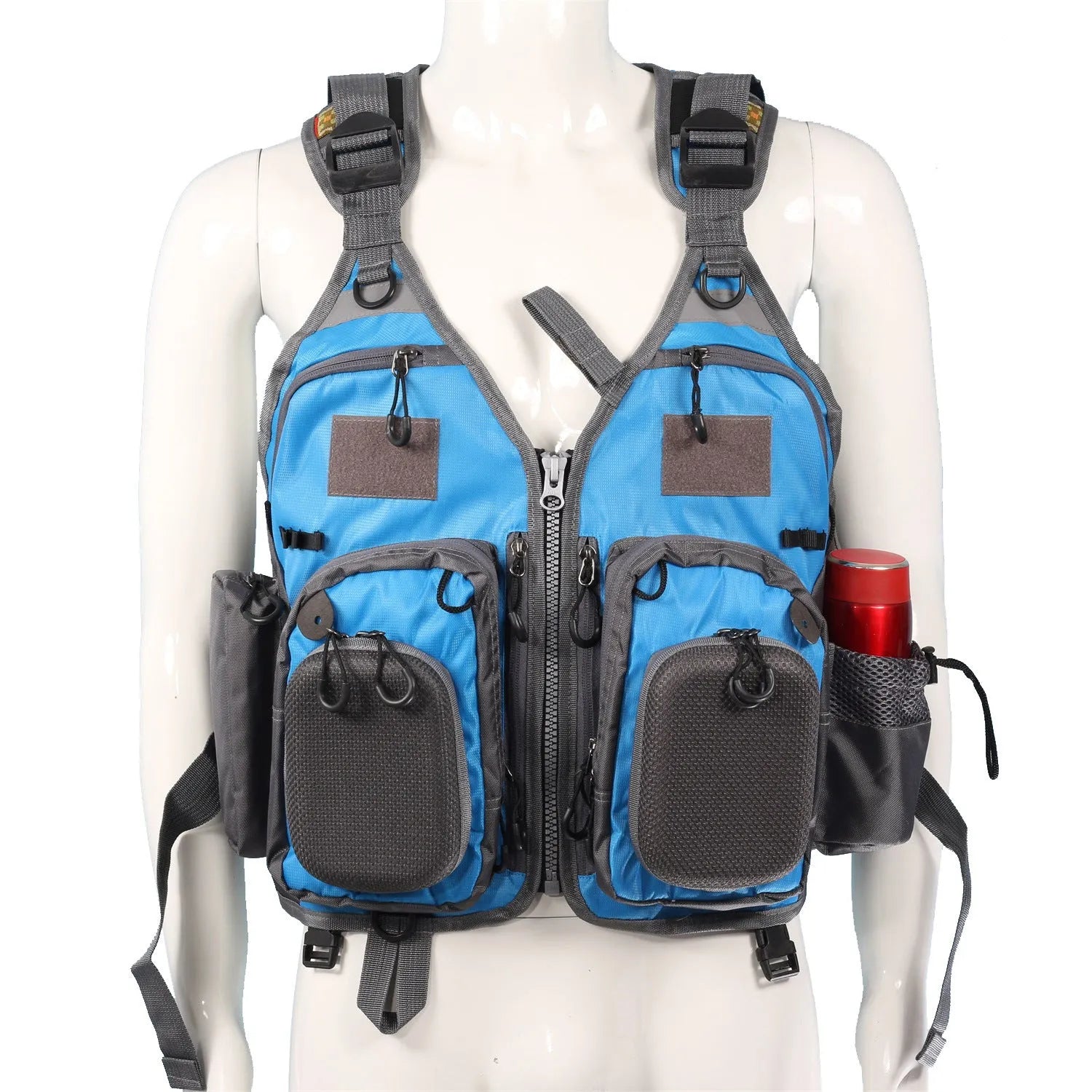 Grey fishing life jacket with chest pockets, reflective strips, and adjustable buckle straps