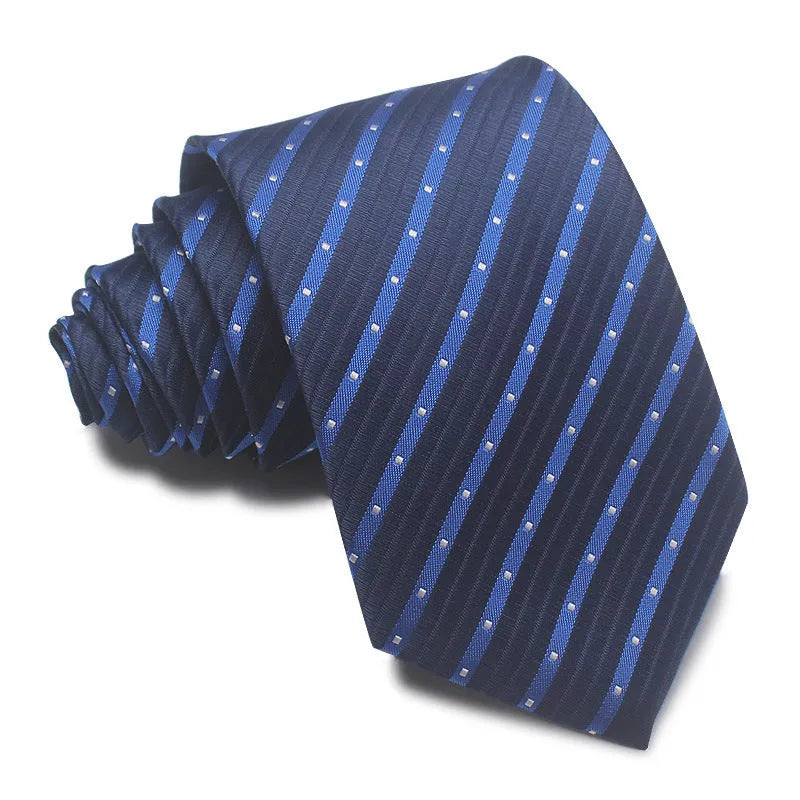 8cm wide polyester jacquard striped men's business tie shown in multiple colour variations