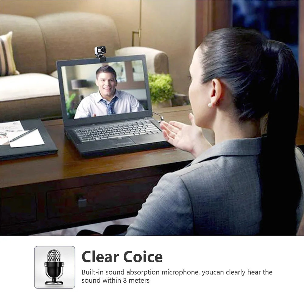 Mini driverless USB webcam with rotating lens in blue, red, or white colours.