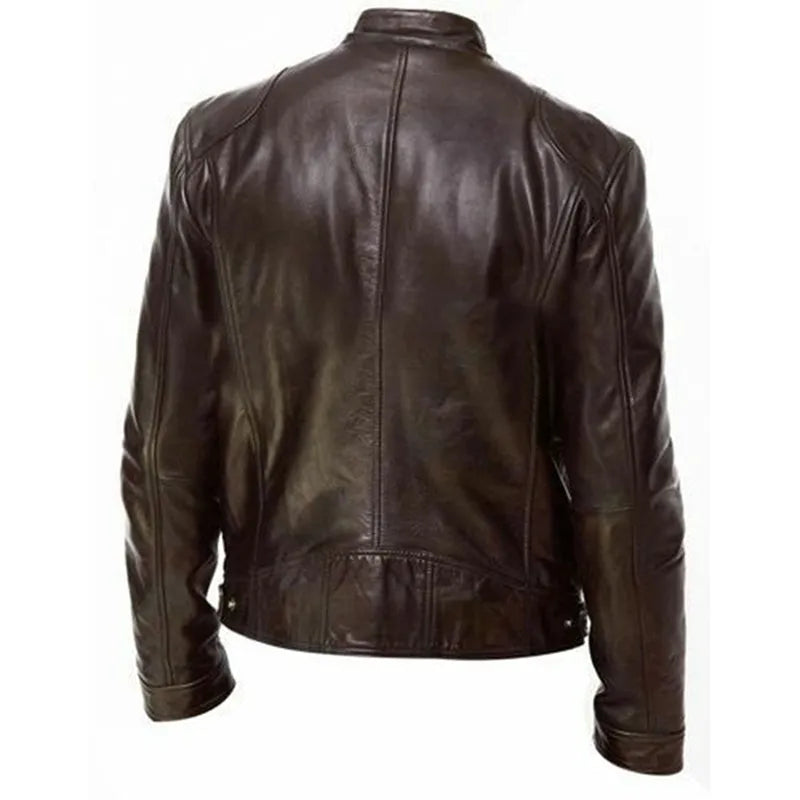 PU leather slim-fit biker jacket for men in black, front view with zipper and collar
