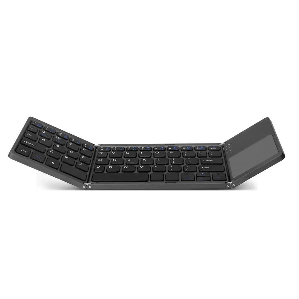 Tri-fold folding touch Bluetooth keyboard shown both open and closed with integrated touchpad