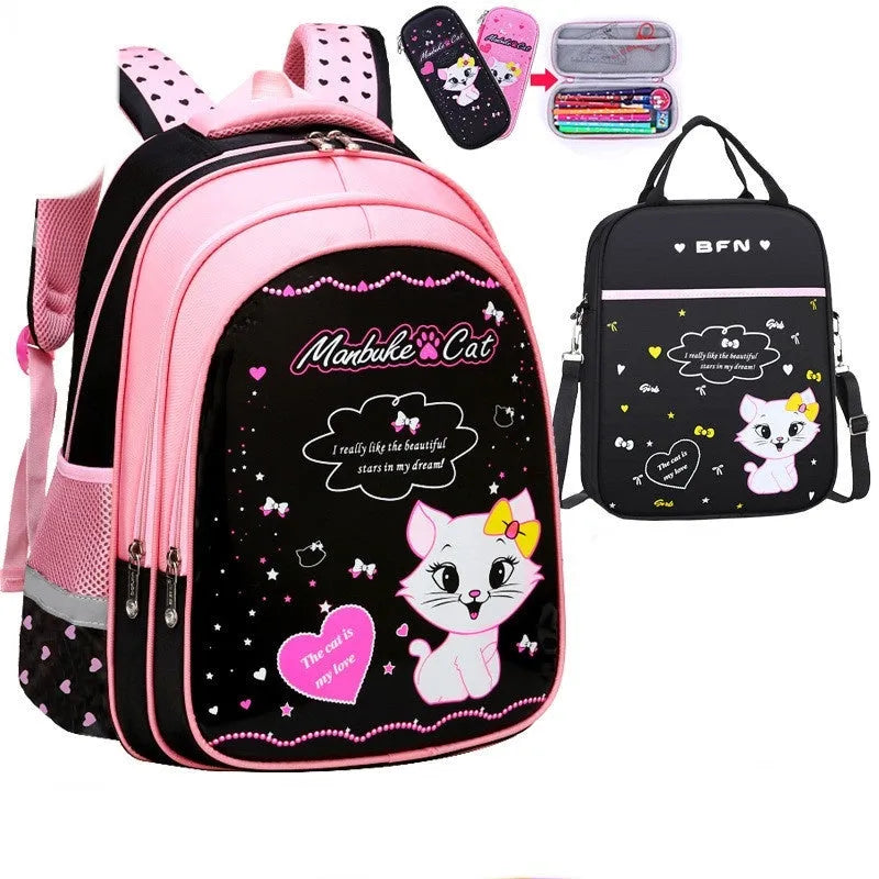 Kids school cute cat print nylon backpack with load-reducing design and computer pocket in pink and black colourway.