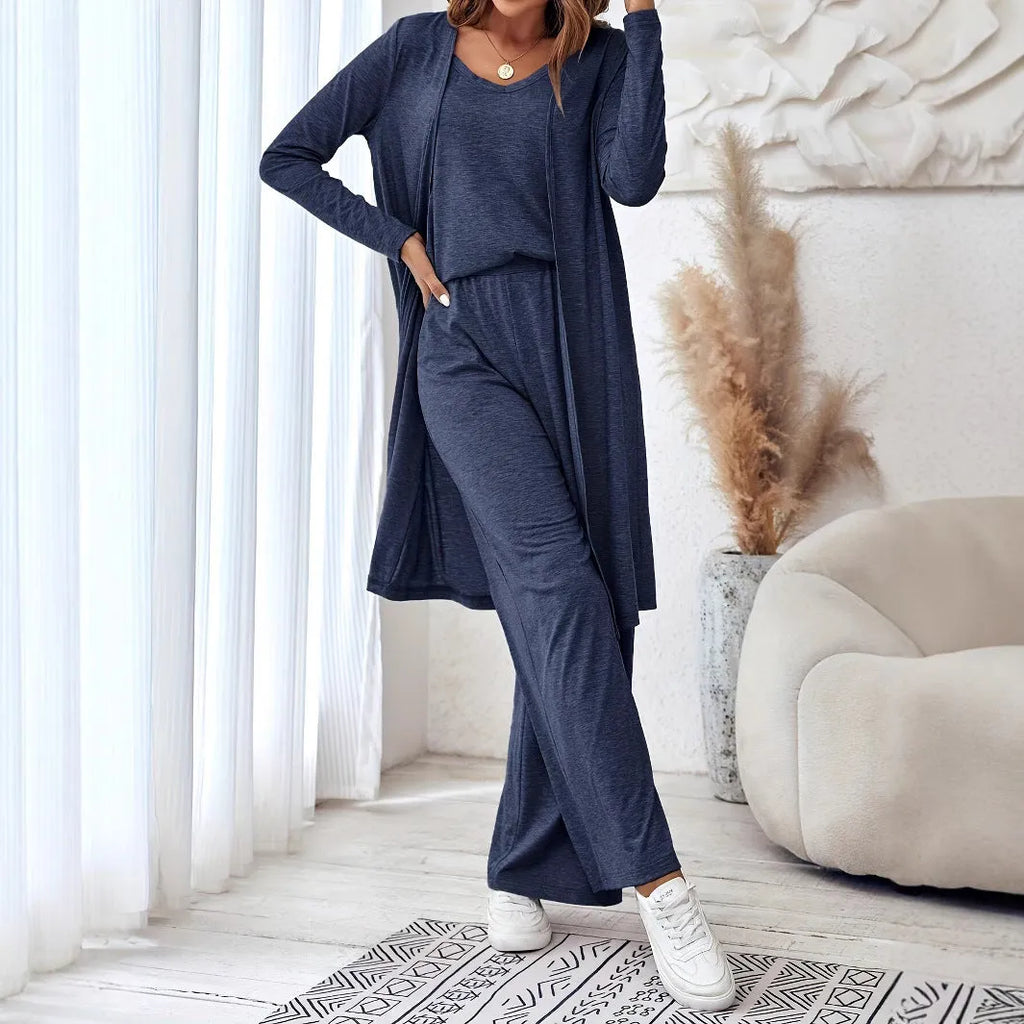 Blue women's three-piece casual suit set with cardigan, top, and trousers