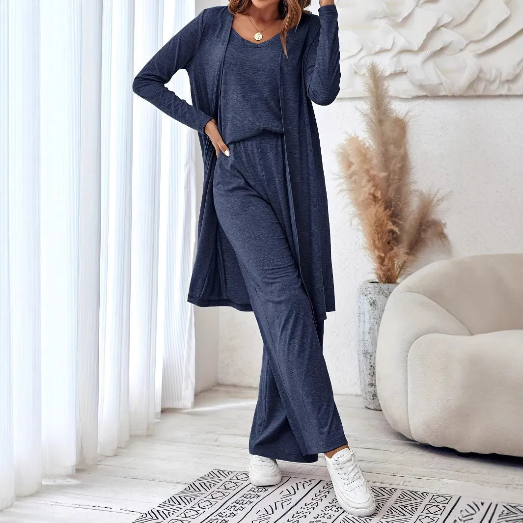 Blue women's three-piece casual suit set with cardigan, top, and trousers