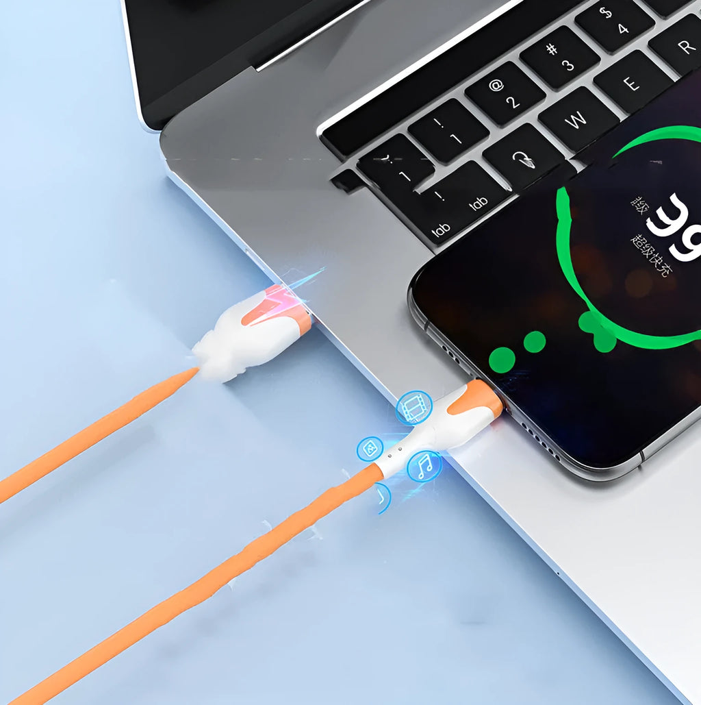 Liquid silicone USB charging cable in bright orange with Micro USB and USB Type-C connectors