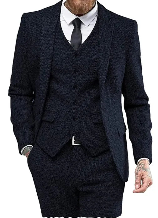 Men's three-piece viscose blend suit set with flat collar, two-button closure, black colour, front view