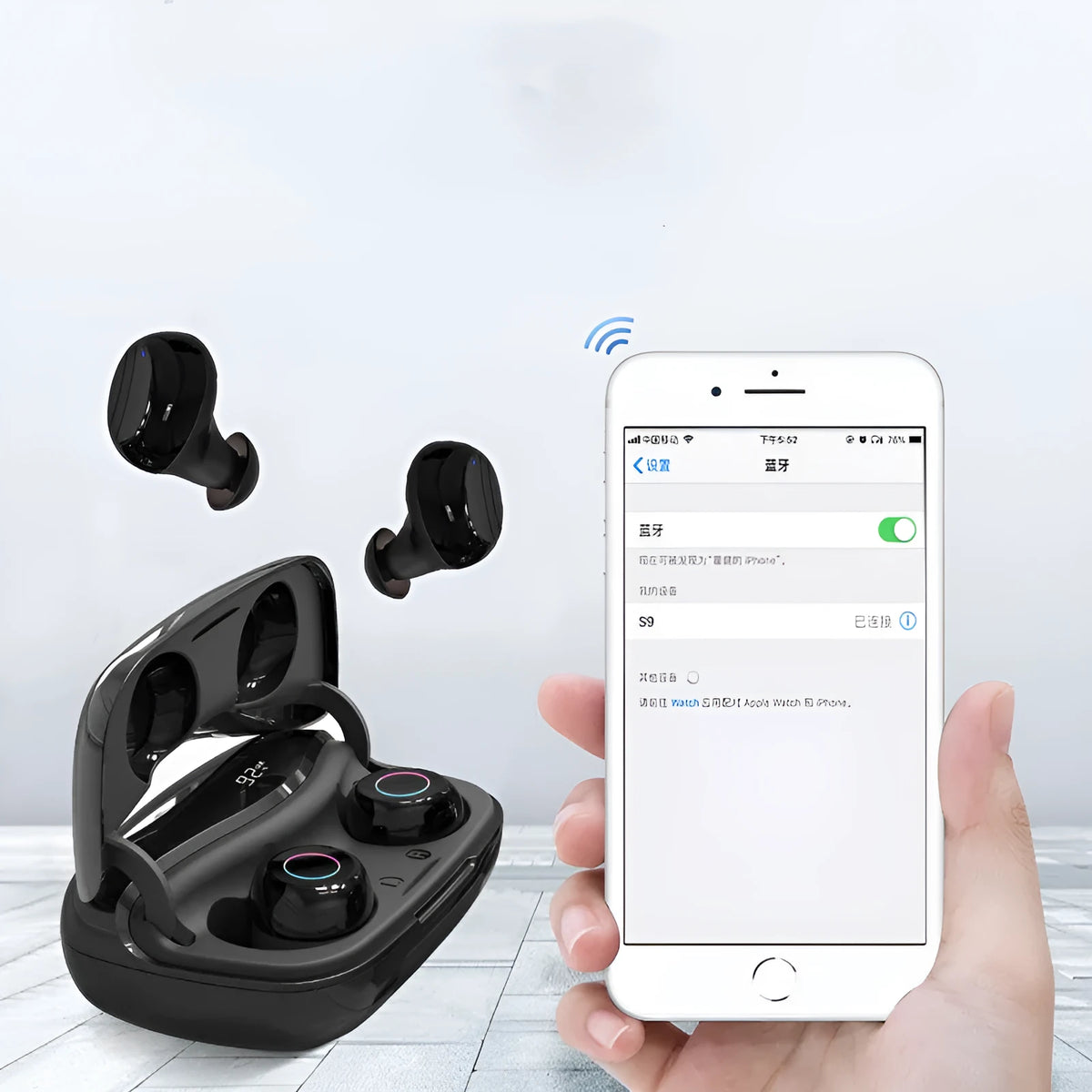 Black plastic Bluetooth 5.0 in-ear earphone with IPX5 waterproof rating and 15-metre range
