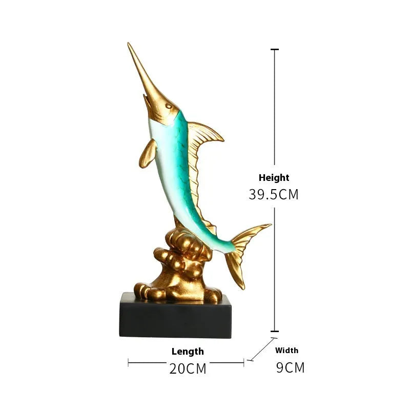 European swordfish resin and plastic decorative ornament in choice of colours on a shelf.