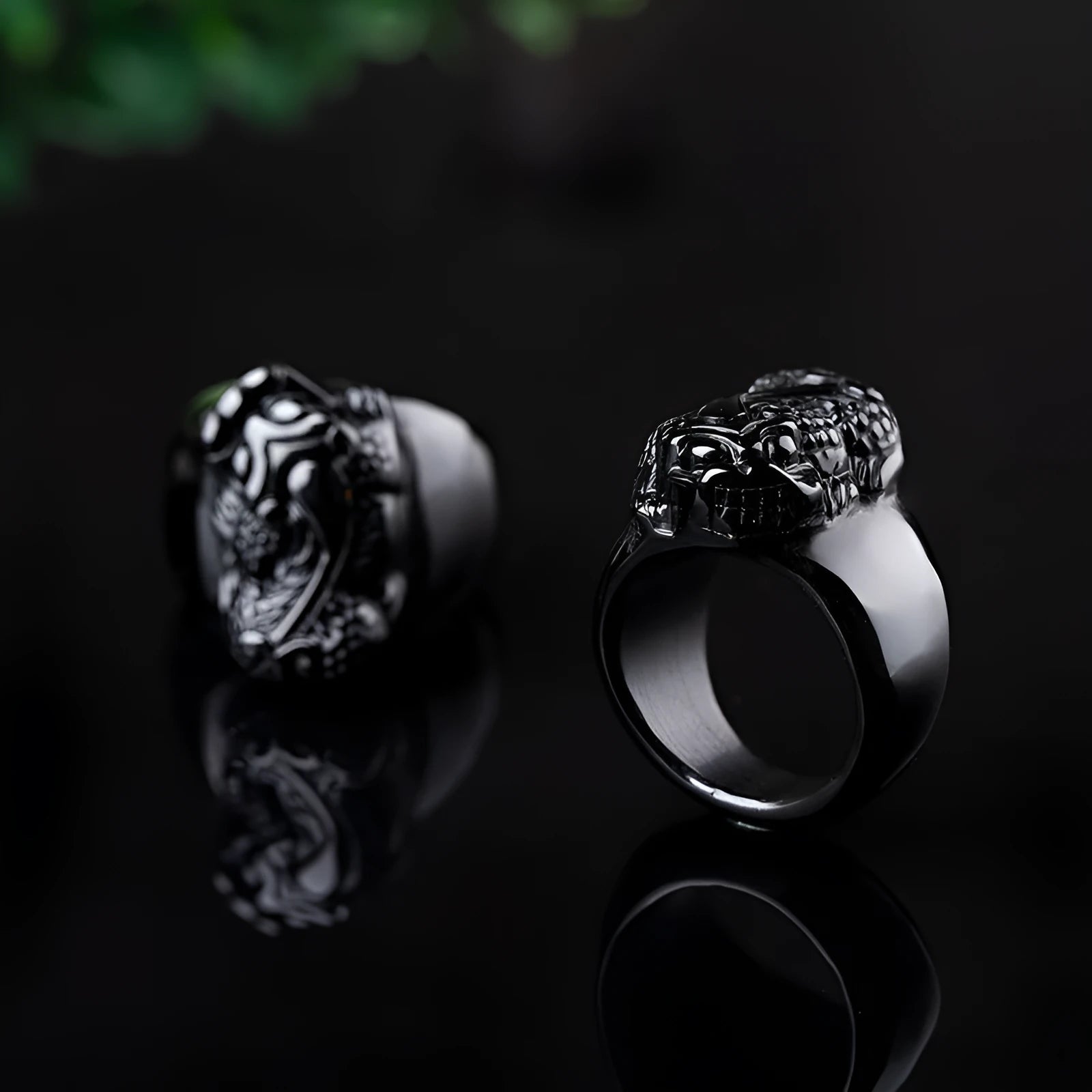 Men's obsidian pixiu thumb ring with natural gold sheen crystal on alloy band