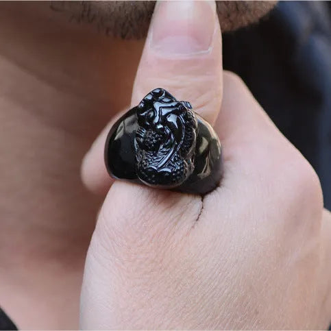 Men's obsidian pixiu thumb ring with natural gold sheen crystal on alloy band