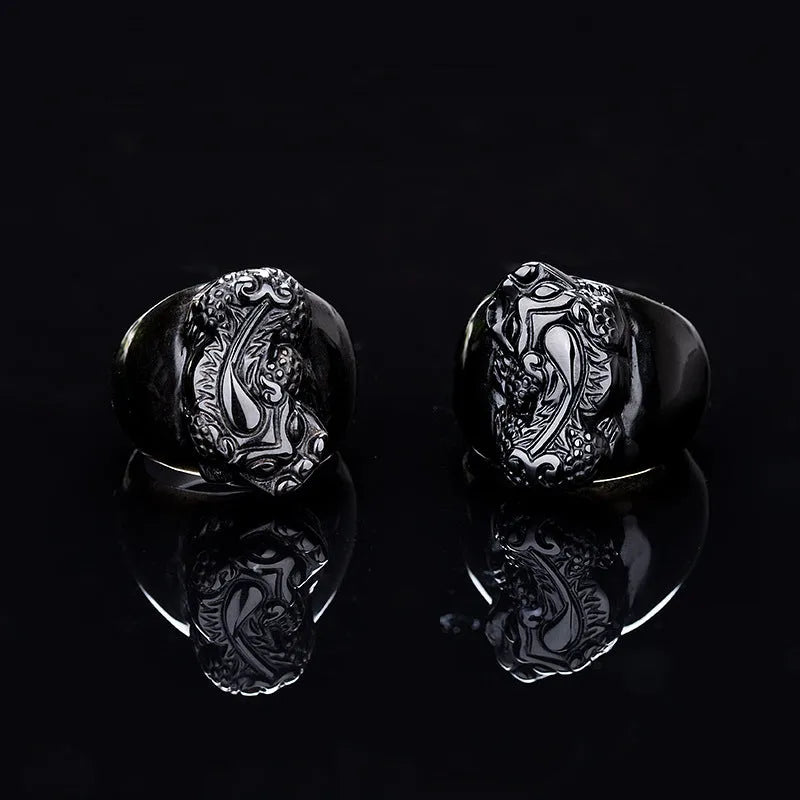 Men's obsidian pixiu thumb ring with natural gold sheen crystal on alloy band