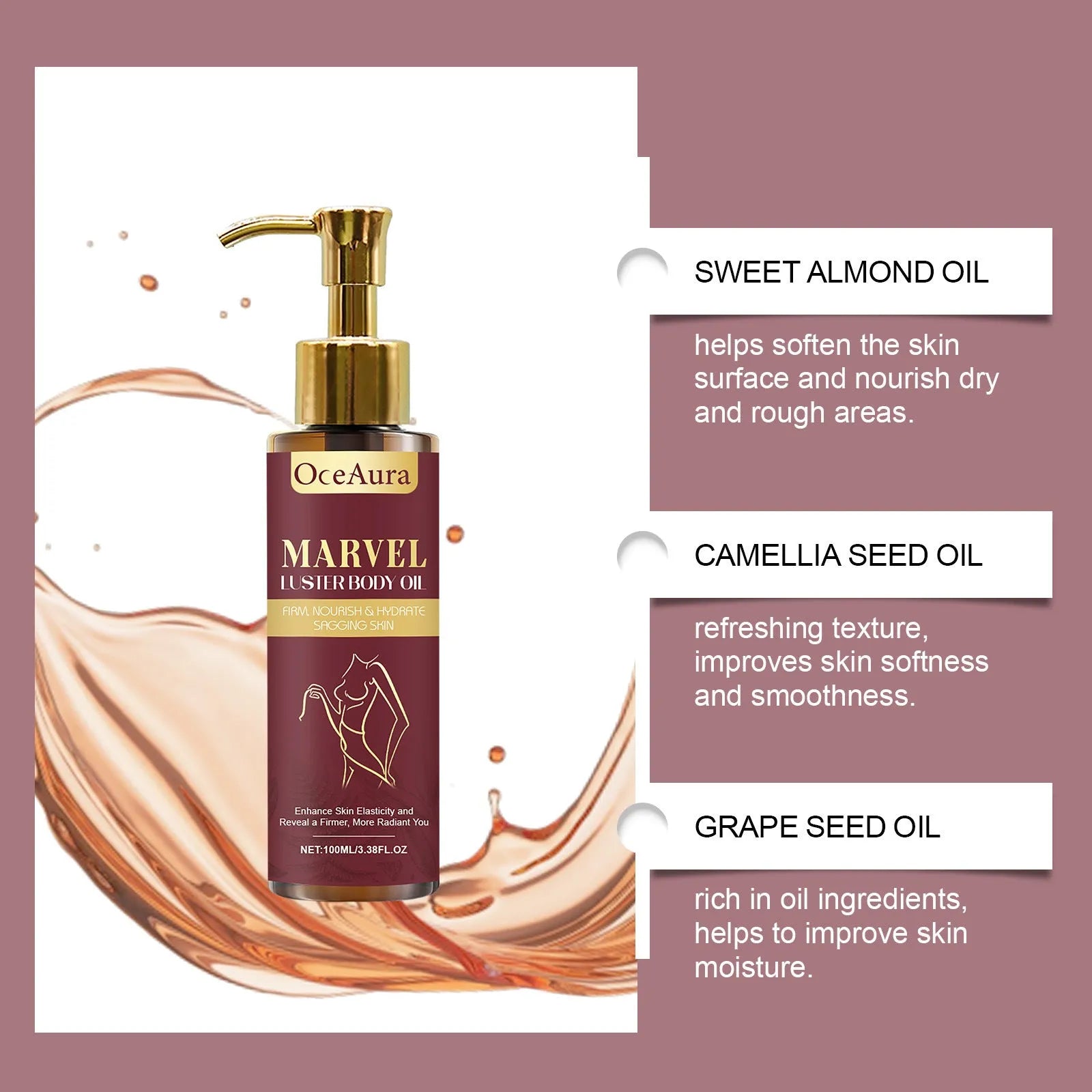 100ml bottle of Gloss Care Body Massage Oil with jojoba, almond, and camellia seed oils.