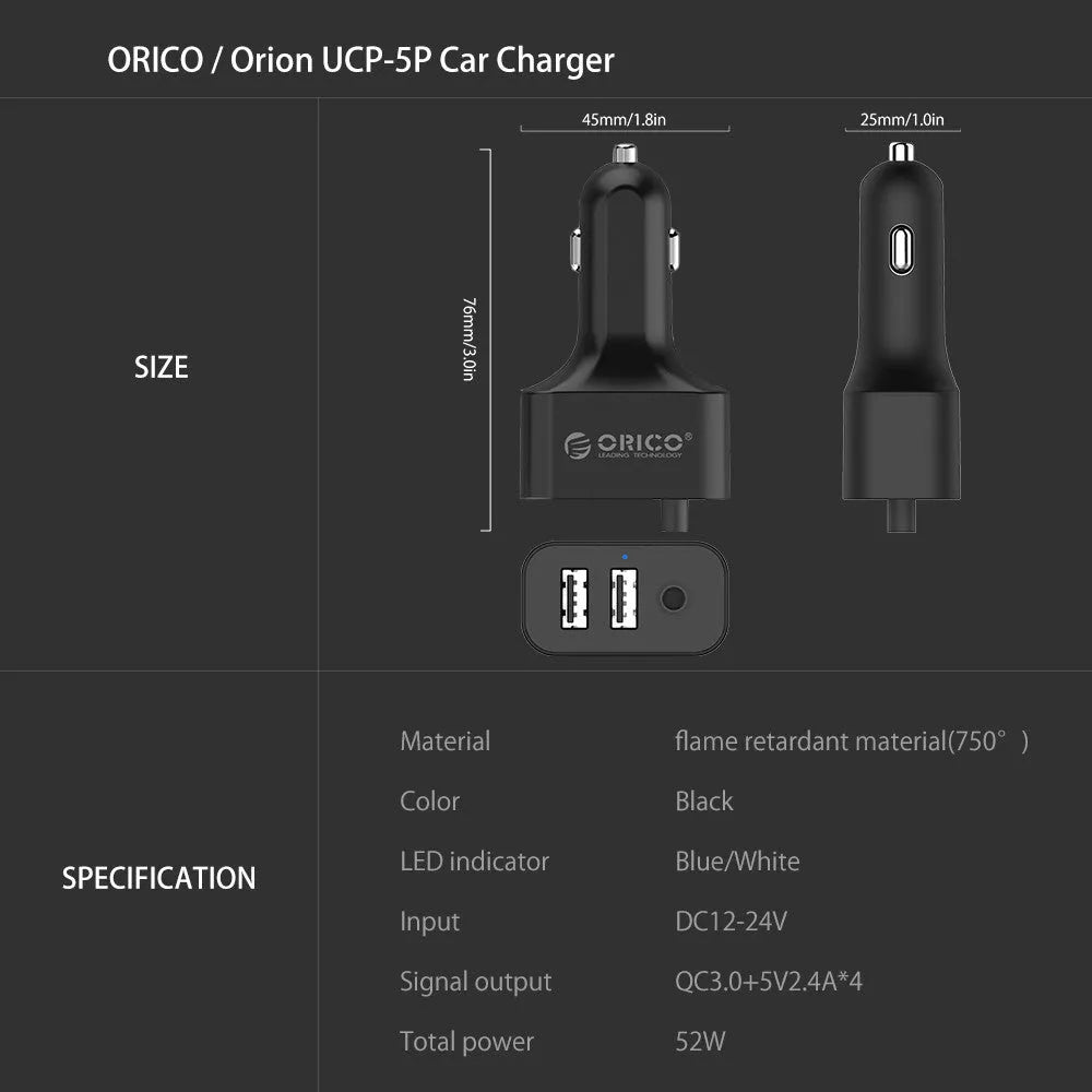 ORICO black 5-port car charger with QC3.0 expander, 1.8m cable, and USB-A ports
