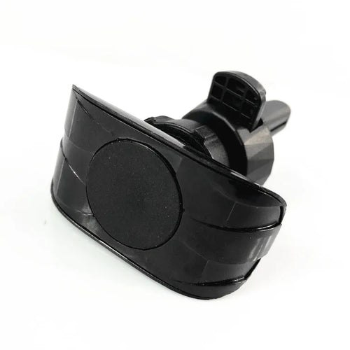 Black car phone holder mounted on vehicle air vent with phone in cradle
