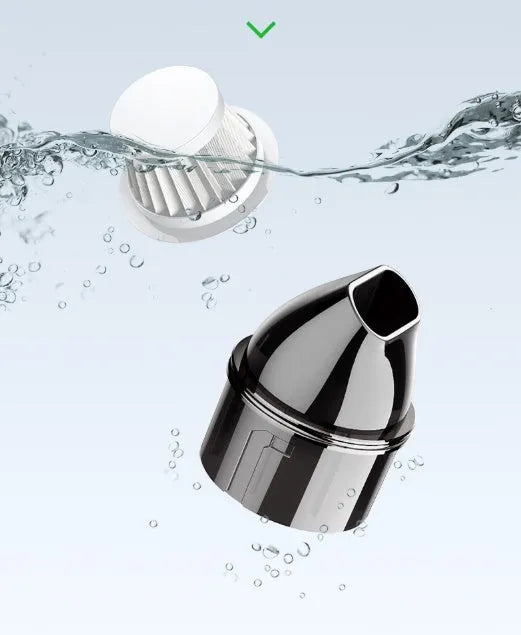 Grey car mini vacuum cleaner with aluminium and metal construction, 5300mbar suction, 2000mAh battery