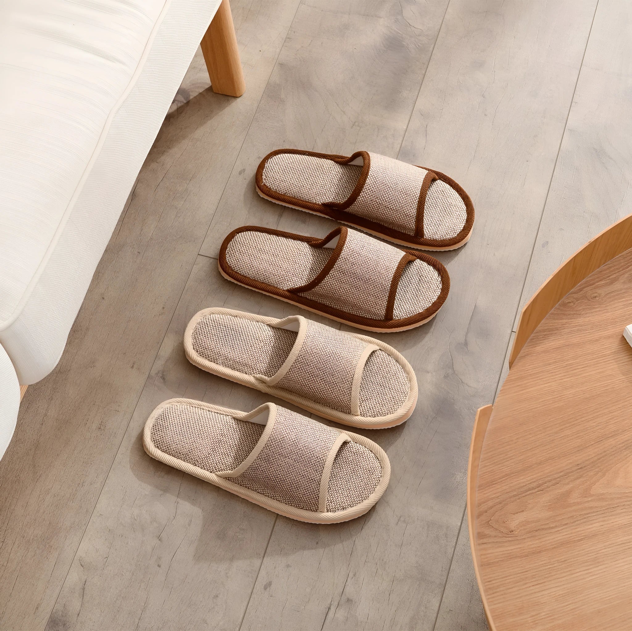 Women's open-toe cotton linen slippers in various colours with thickened soles