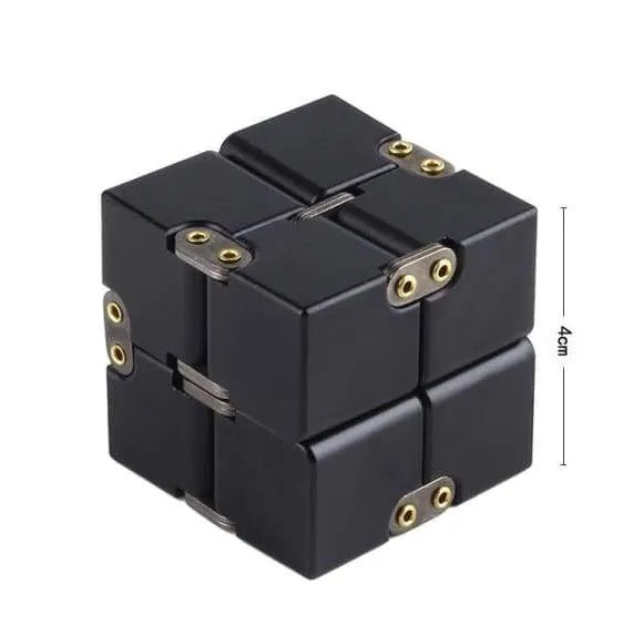 Black zinc alloy infinity cube fidget toy showing eight connected cubes.