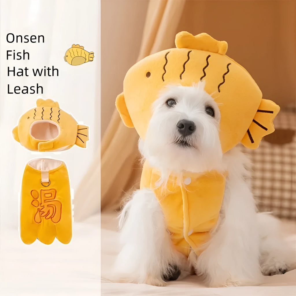 Yellow onsen fish pet costume with fish-shaped hat and vest on a dog with leash ring