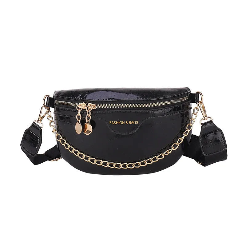 Shiny PU leather chest bag with WesternWide shoulder strap and chain detail, available in multiple colours