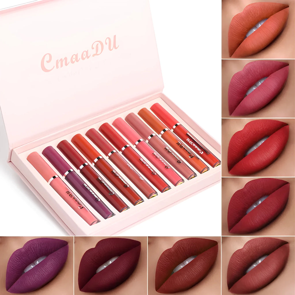10-pack women's matte lipstick set in waterproof non-stick formula with packaging showing dimensions