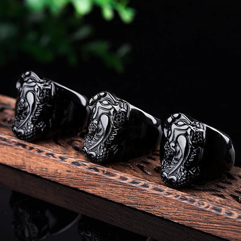 Men's obsidian pixiu thumb ring with natural gold sheen crystal on alloy band