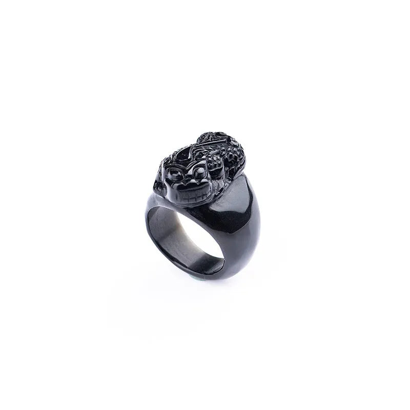 Men's obsidian pixiu thumb ring with natural gold sheen crystal on alloy band