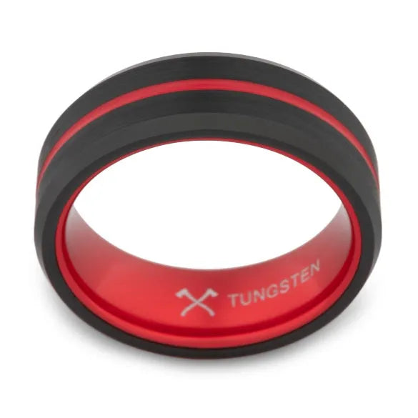 Fire Stripe Tungsten Carbide Ring with grooved ceramic inlay, polished finish, sizes 5-17