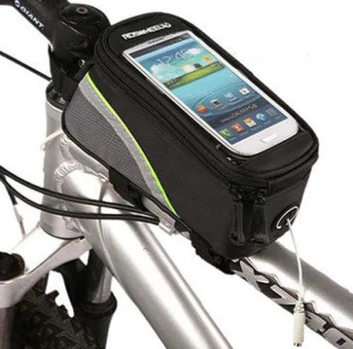ROSWHEEL black PVC bicycle frame bag for mobile phone mounted on a bike.