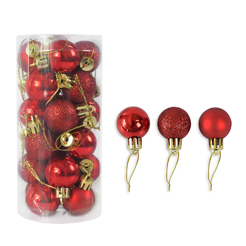 Assortment of 3cm shiny matte Christmas ball decorations in gold, red, silver, blue, and pink colours.