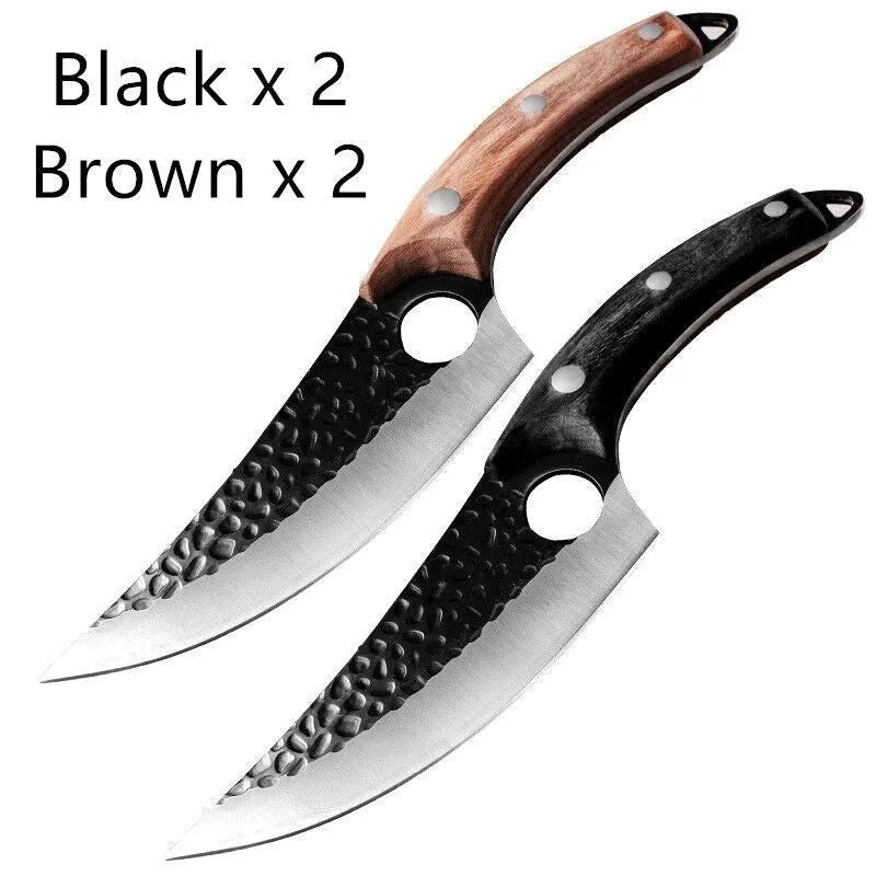 Curved boning butcher knife with hammer-pattern blade and brown leather sheath on a cutting board.