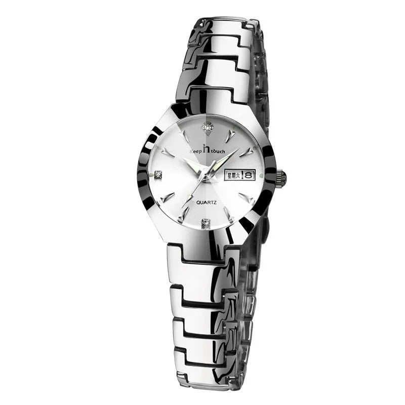 Luminous couple calendar quartz watch with 38mm round alloy case and mineral glass, available in silver black
