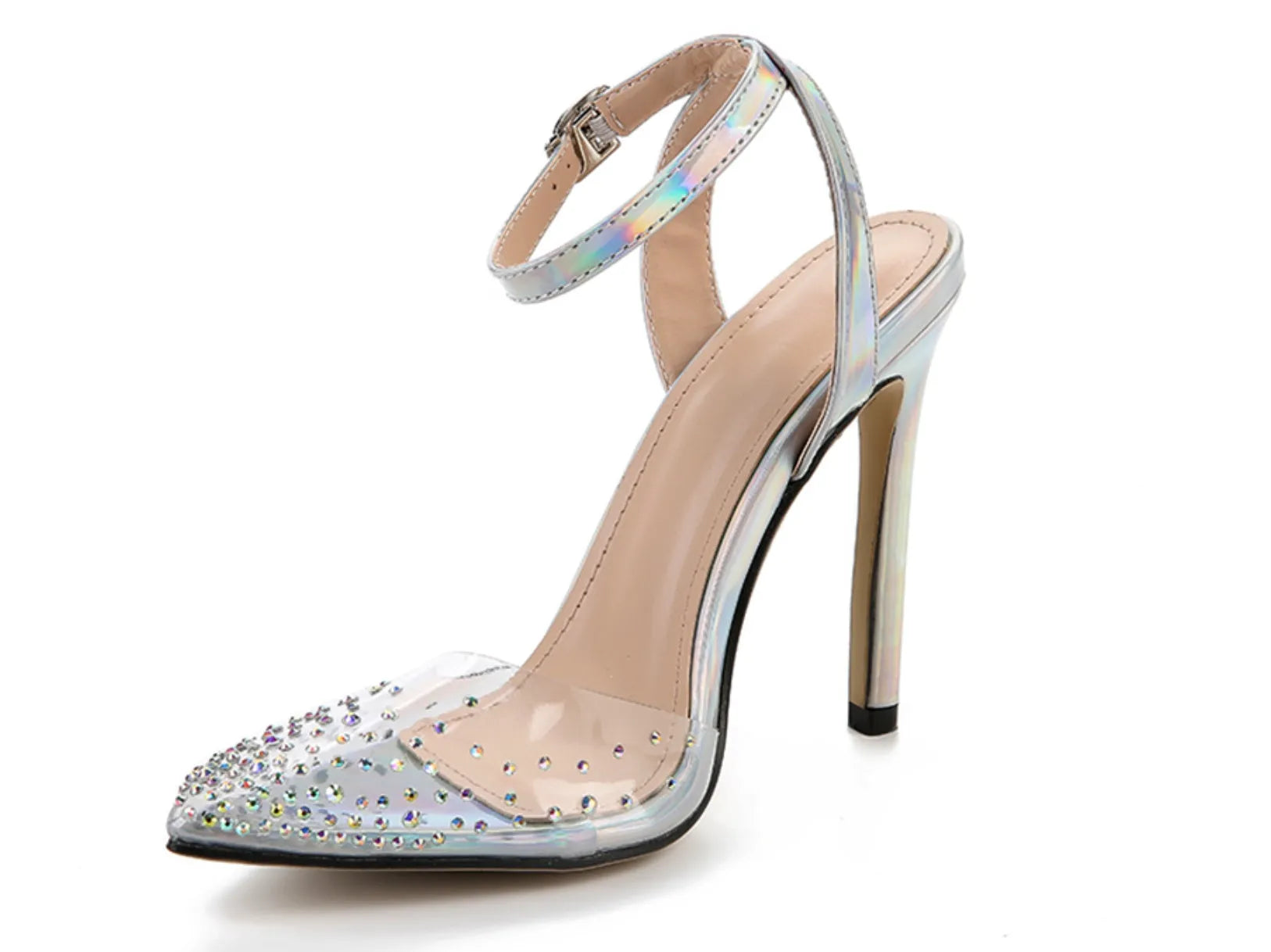 Women's pointed toe sandals with stiletto heel and diamond detail on the footbed.