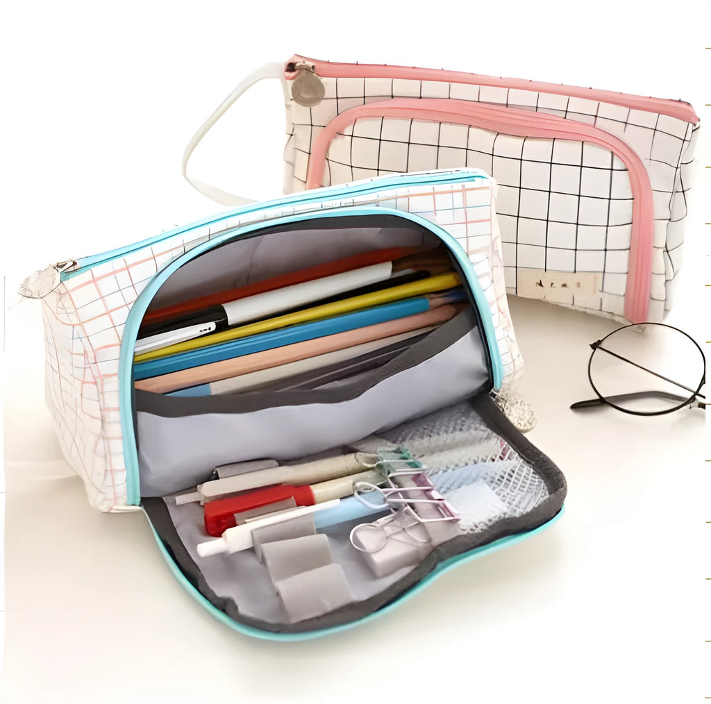 Canvas plaid pencil case with striped Korean style square shape