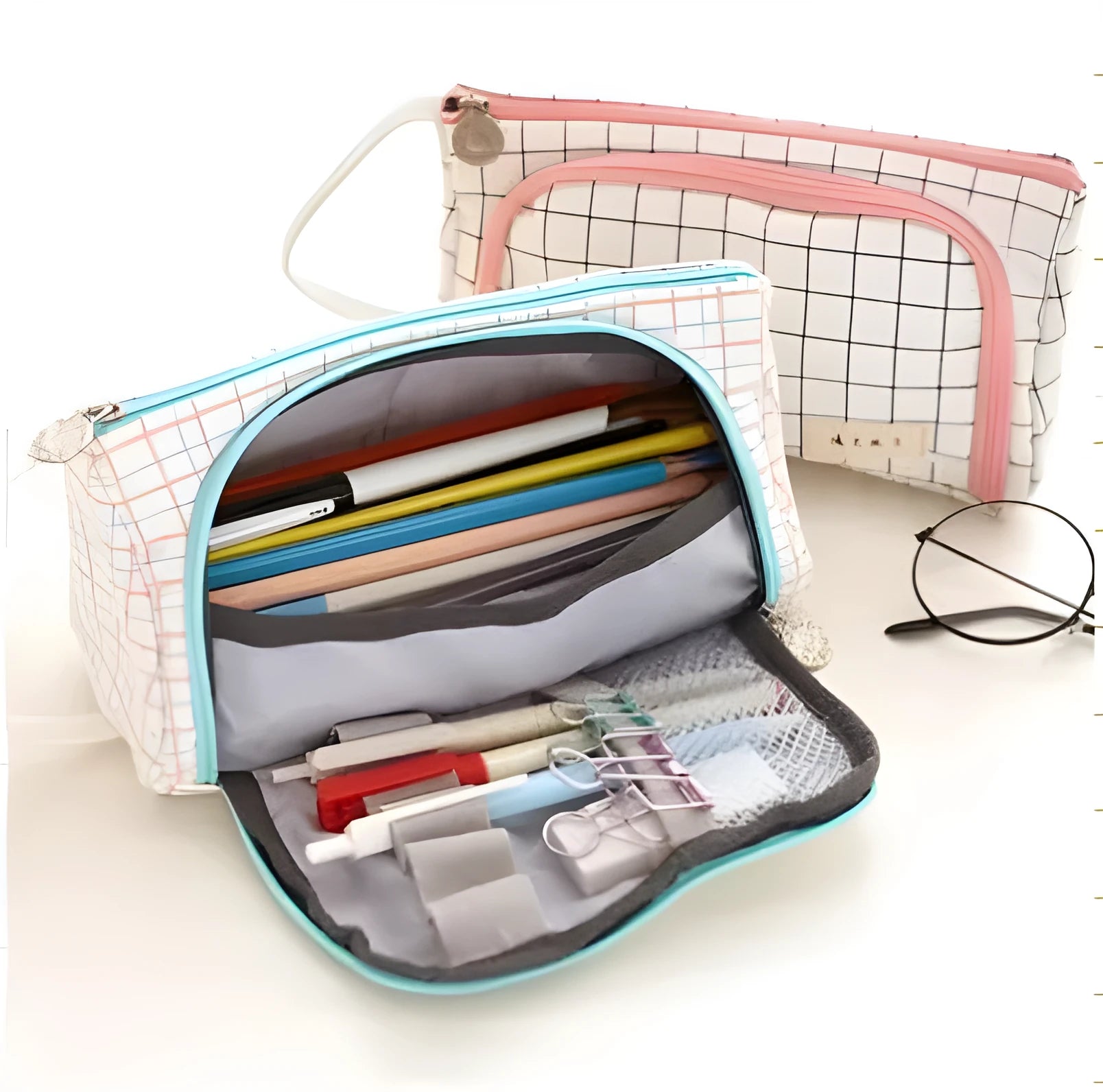 Canvas plaid pencil case with striped Korean style square shape