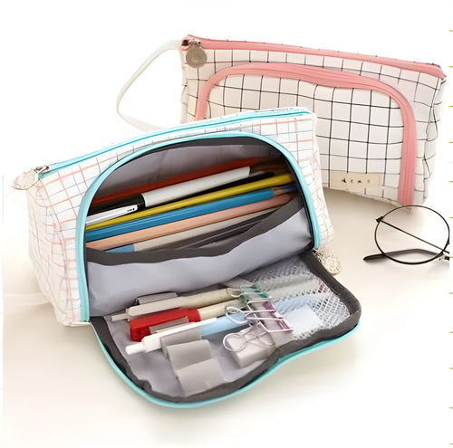 Canvas plaid pencil case with striped Korean style square shape