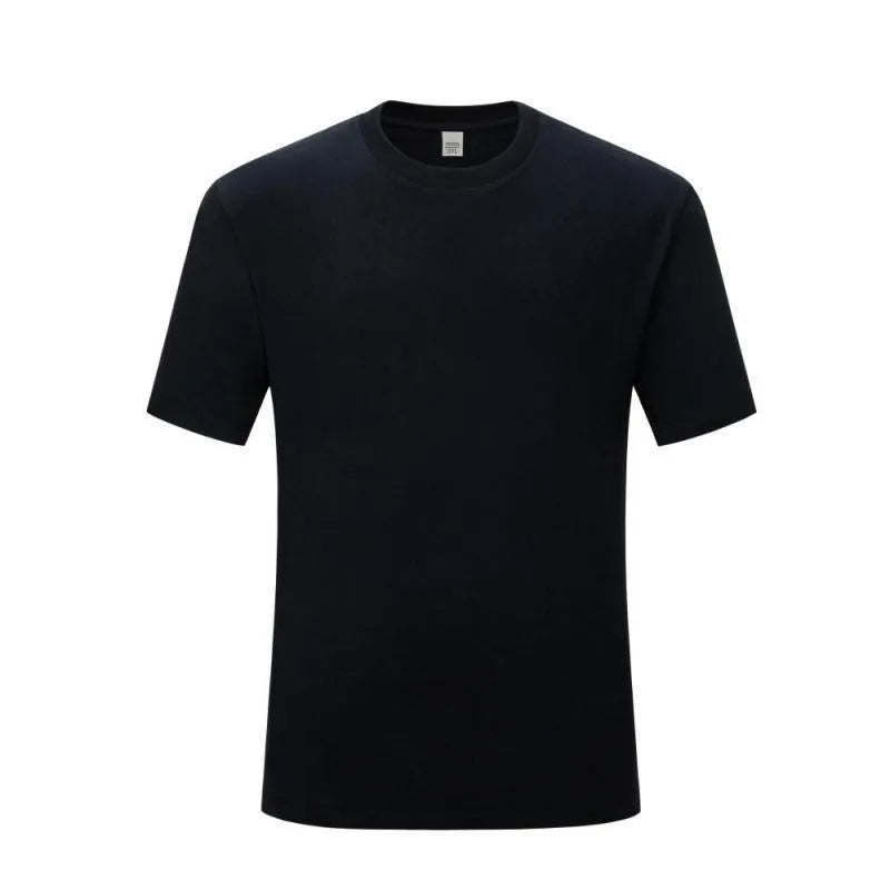 Men's solid black and white CVC cotton short-sleeved t-shirt with round neck.