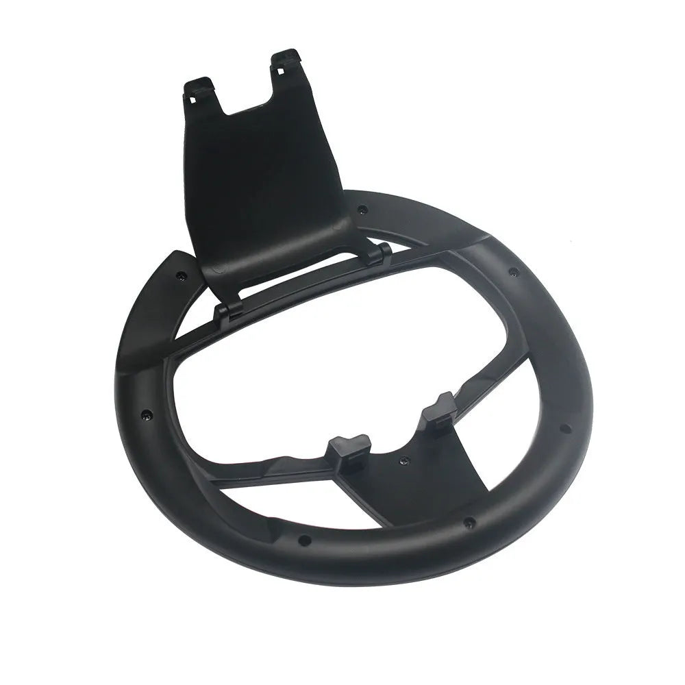 Black ABS PS5 steering wheel attachment clipped onto a SONY PS5 controller for racing games