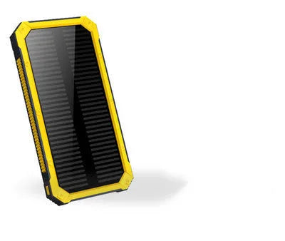 Solar power bank in orange, green, black, or yellow with display showing 6000, 8000, and 10000mAh capacity options.