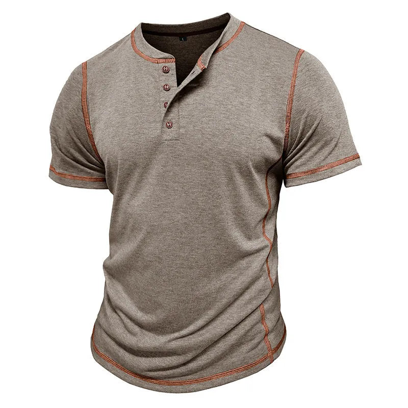 Men's short sleeve polo shirt summer solid colour cotton blend button top khaki