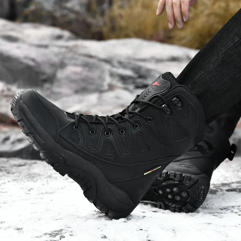 Men's beige cowhide leather hi-top hiking shoes with a platform sole on a neutral background.