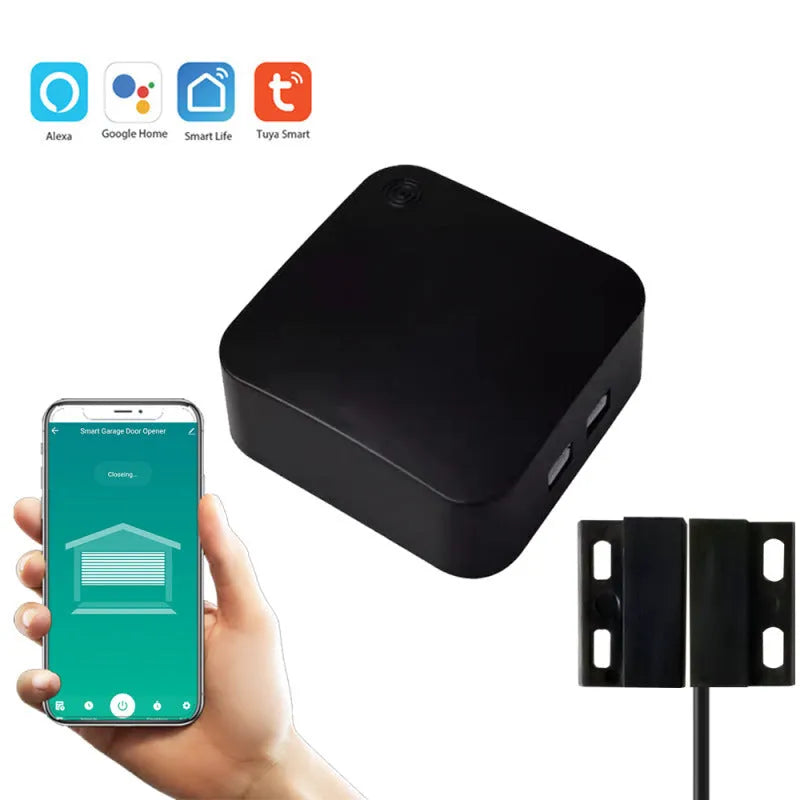 Black WiFi smart garage door controller with remote app control and Alexa Google Home compatibility