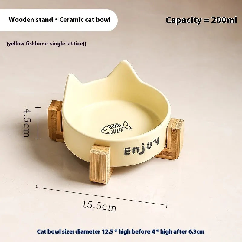 Porcelain cat bowl with wooden anti-tumble frame in chosen colour with cat ear design