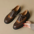 Brown women's sheepskin stitching retro brogue leather shoes with low heel and cross strap