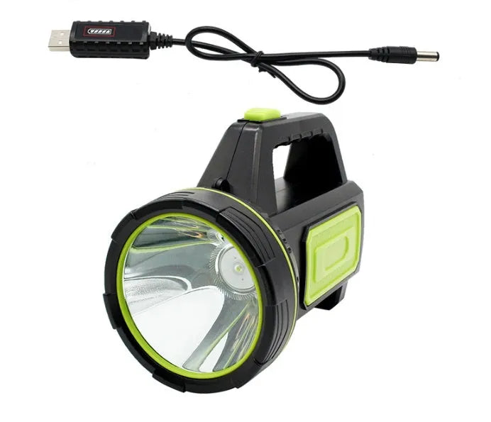 Green rechargeable LED flashlight with USB charging port showing dual lighting modes