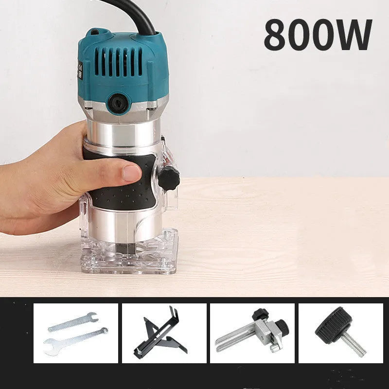 800W electric wood polishing trimmer with silver aluminium casing and a black handle on a workbench.